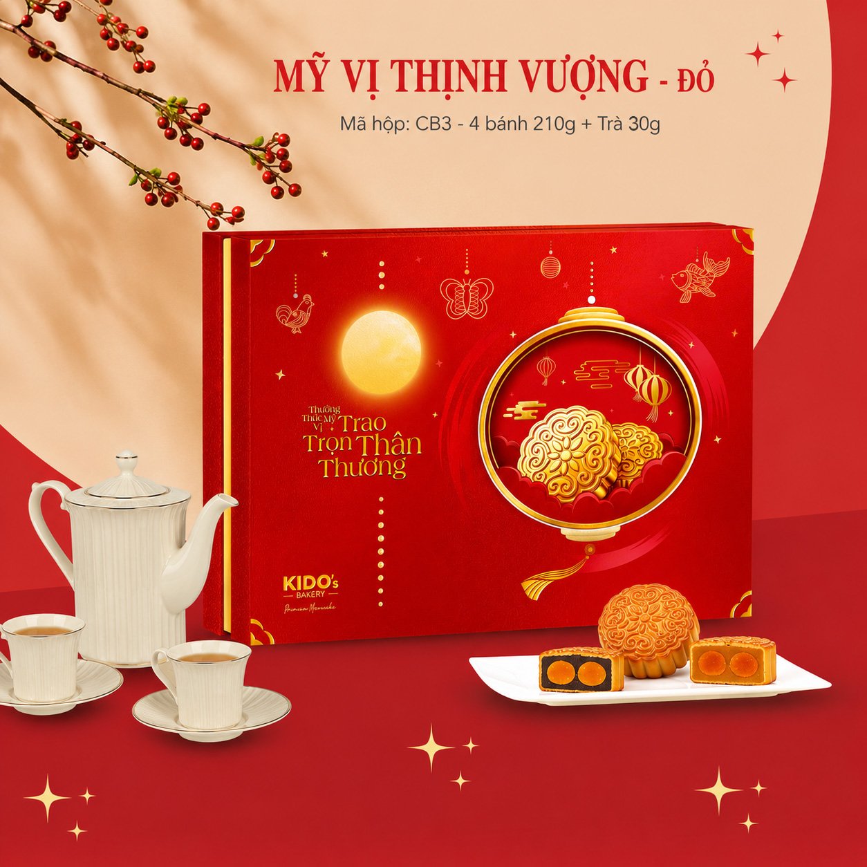 (CB3) Hộp 4 Bánh Trung Thu Kido Mỹ Vị Thịnh Vượng Đỏ