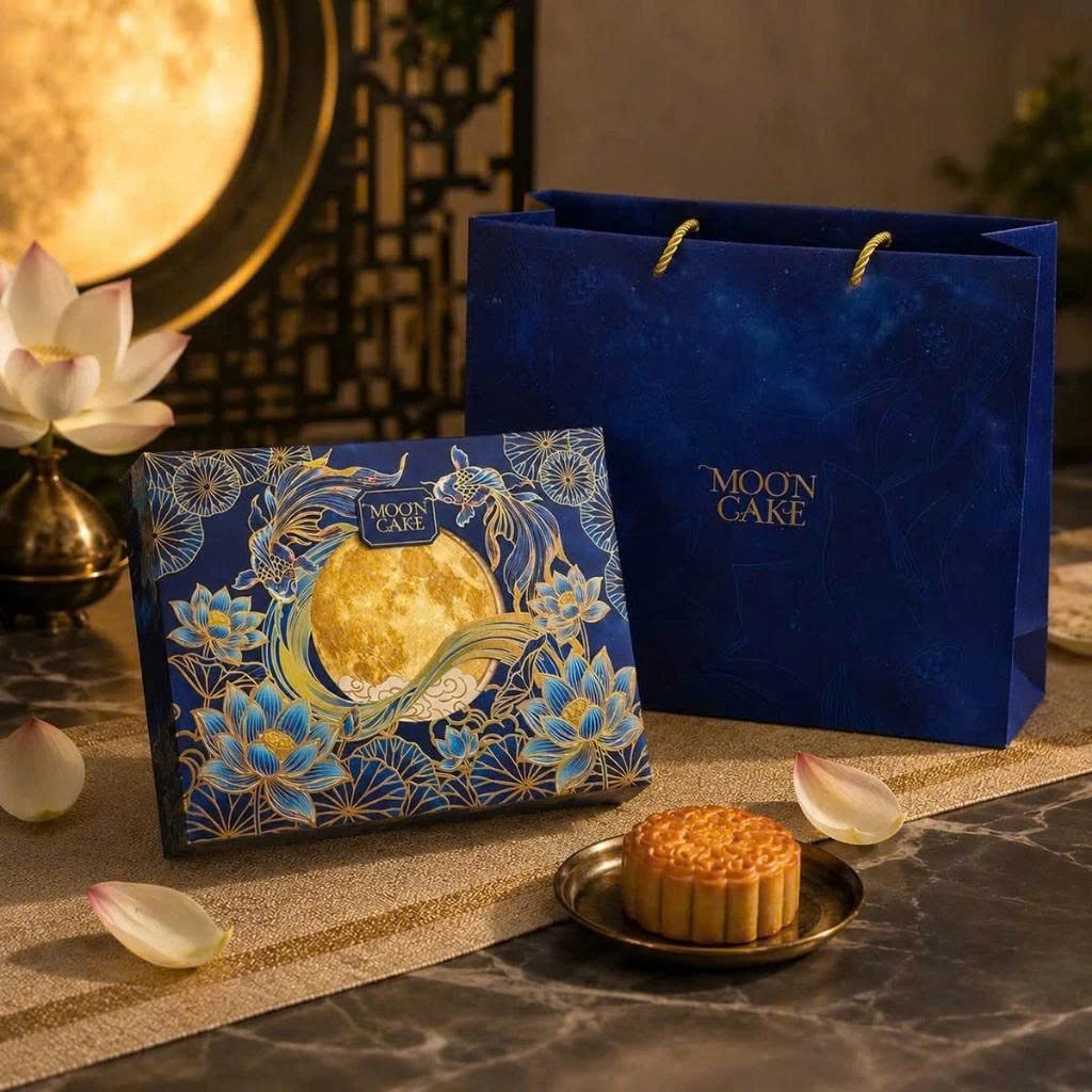 Hộp 4 B&aacute;nh Trung Thu Kim Nguyệt Song Ngư K&egrave;m Tr&agrave; T&acirc;n D&acirc;n Lợi