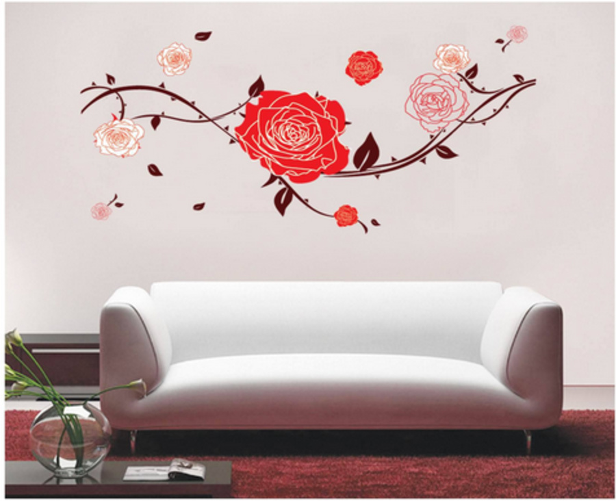 Decal dán tường dây leo hoa hồng đỏ