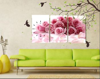 Tranh đồng hồ Hoa hồng tím 3 tấm 40x25x3