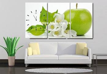 Tranh đồng hồ táo xanh 3 tấm 40x25x3