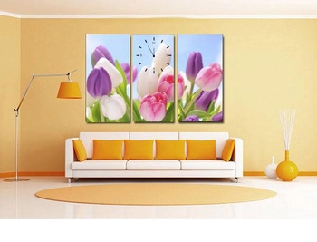 Tranh đồng hồ vườn hoa Tulip 3 tấm 40x25x3