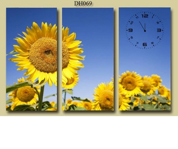 Tranh đồng hồ hoa hướng dương vàng ghép bộ 3 tấm 40x25x3