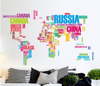 Decal dán tường bản đồ tên các nước đủ màu