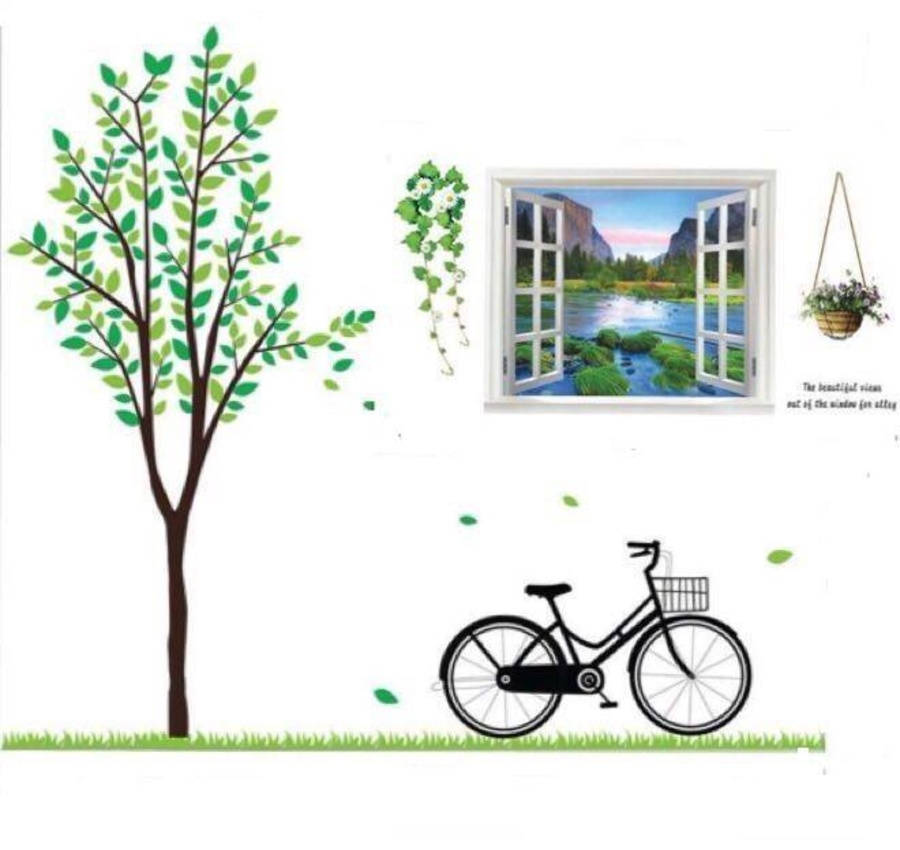 Decal dán tường Combo Cây xanh xe đạp to   Cửa sổ 3