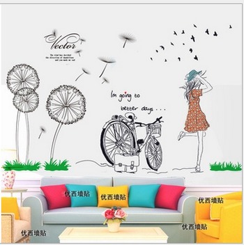 Decal dán tường Combo Cô gái xe đạp và hoa cỏ may