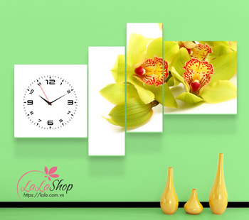 Tranh đồng hồ cách điệu hoa lan xanh