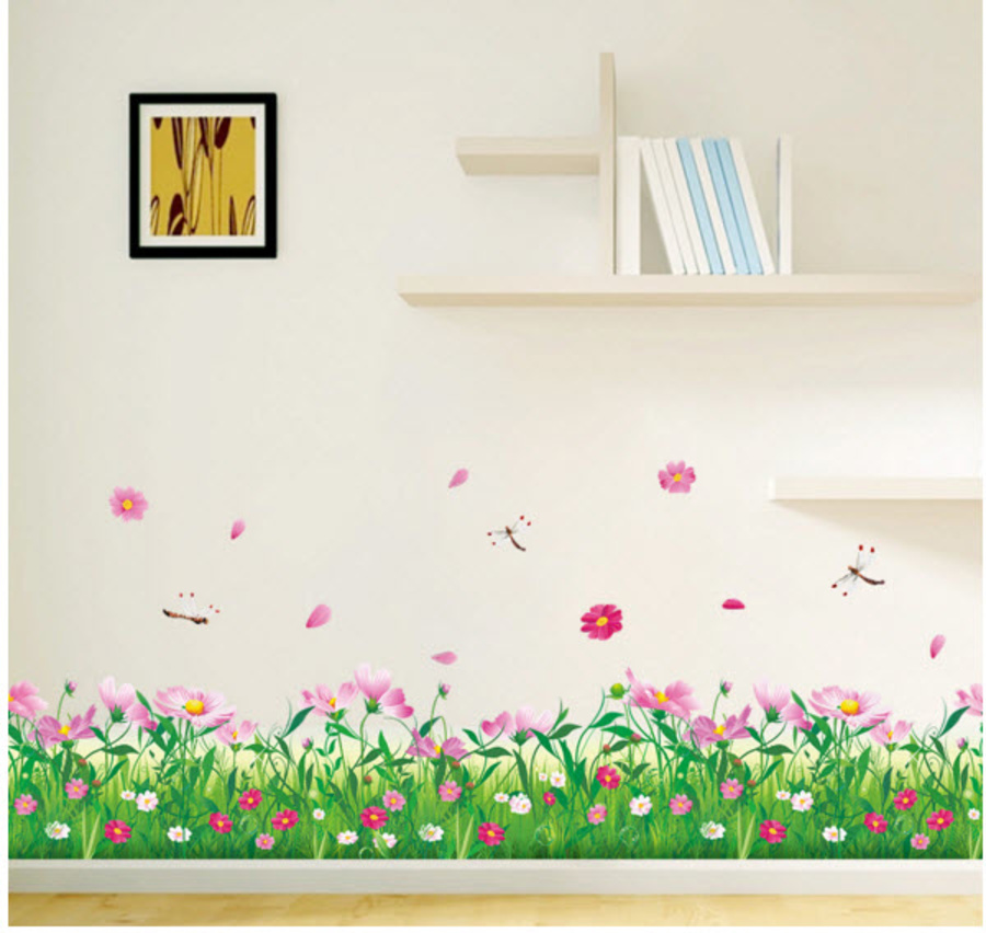 Decal chân tường hoa cỏ hồng 