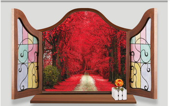 Decal Cửa sổ cổ điển vườn lá đỏ