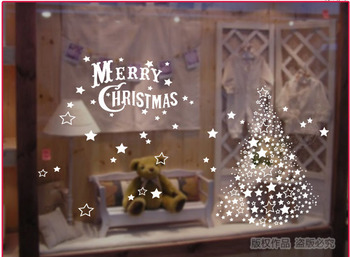 Decal Tĩnh Điện 2 Mặt Merry Christmas và cây thông Noel trắng (nền ngôi sao trắng đục)