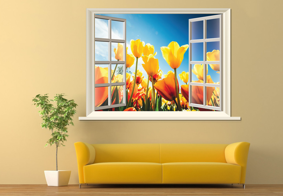 Tranh dán tường cửa sổ hoa tulip size 60x90