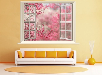 Tranh dán tường cửa sổ hoa đào hồng