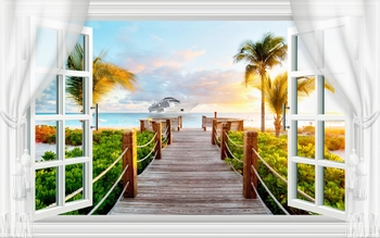 Tranh dán tường cửa sổ cầu gỗ 3D phong cảnh biển