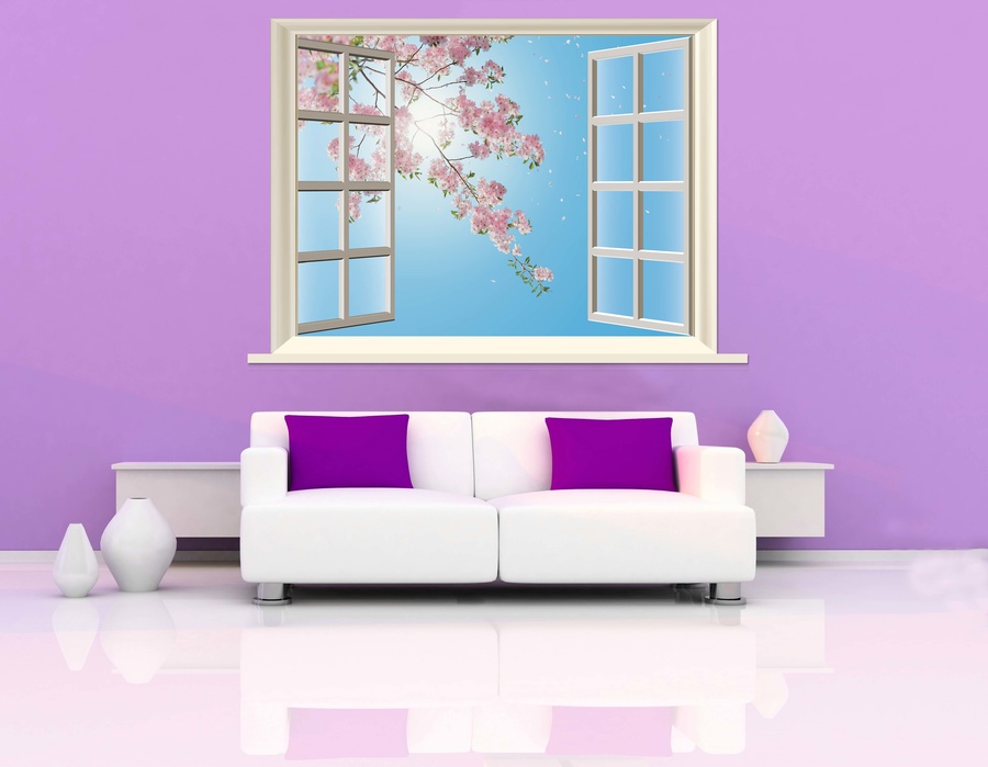 Tranh Dán Tường Cửa Sổ Hoa Đào Hồng 3