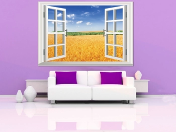 Bức tranh tường cửa sổ cánh đồng lúa mì
