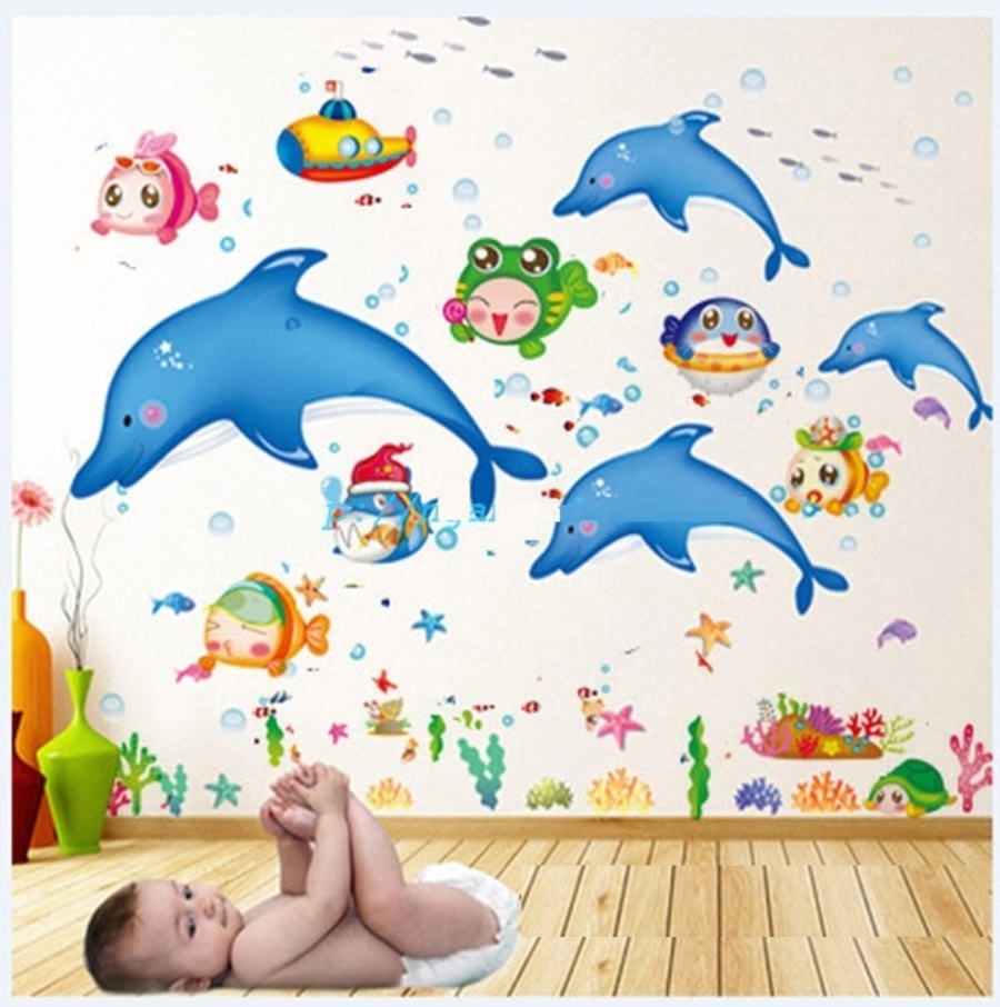 Decal dán tường Combo Đàn cá heo xanh nhỏ   Đàn cá sắc màu 2