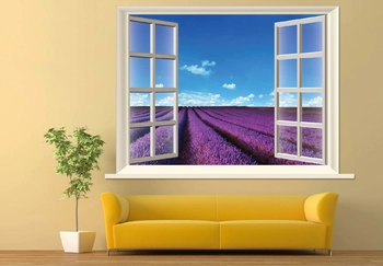 Tranh dán tường cửa sổ cánh đồng oải hương