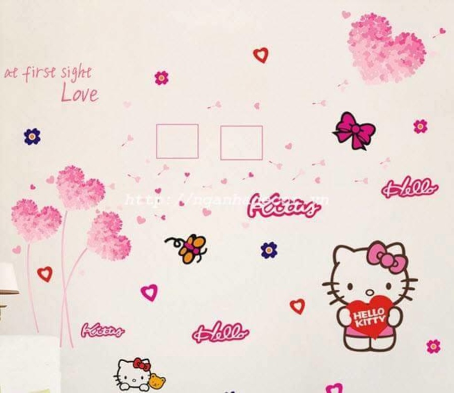 Decal dán tường Combo Hello Kitty 1  Decal trái tim hồng 2