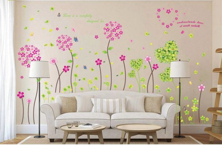 Decal dán tường Combo Hoa li ti hồng + Trái tim xanh