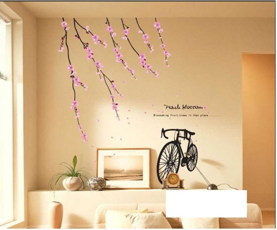 Decal dán tường cành đào và xe đạp