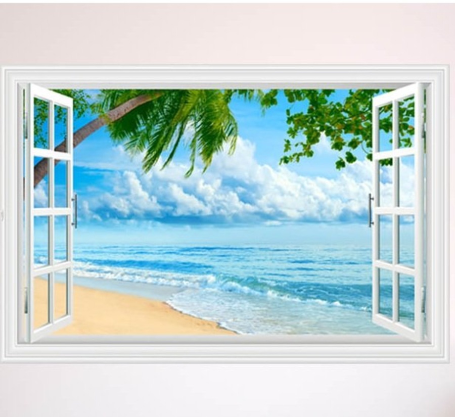 Decal dán tường cửa sổ biển và mây