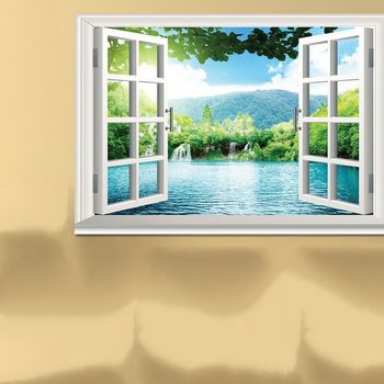 Tranh dán tường cửa sổ hồ nước xanh 2