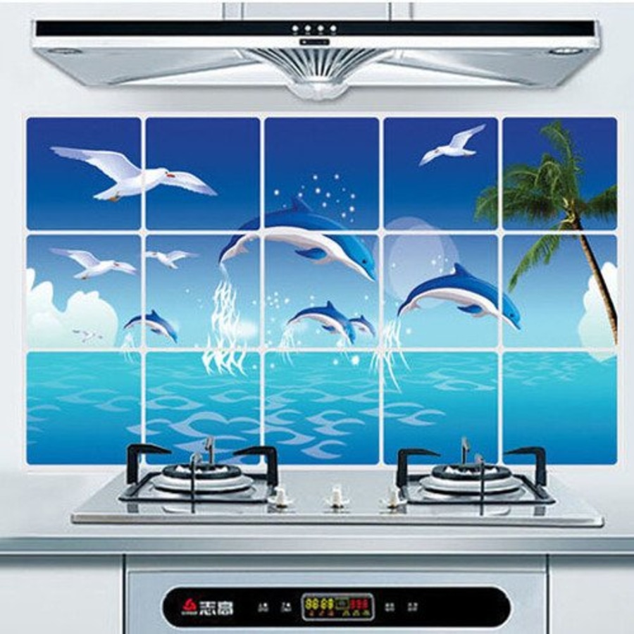 Decal dán bếp cá heo xanh size 60x90
