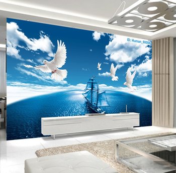 Tranh dán tường phong cảnh biển và chim bồ câu trắng 3D
