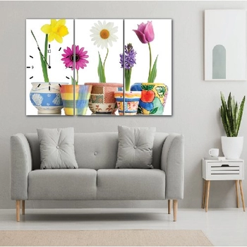 Tranh đồng hồ Chậu hoa 3 tấm 60x30x3
