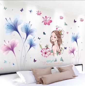 Decal dán tường combo cô gái hoa và cánh hoa mỏng xanh 3