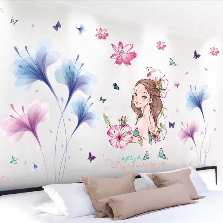 Decal dán tường combo cô gái hoa và hoa cánh mỏng xanh 3
