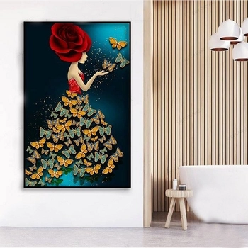 3D Abstrakte Kunst Malerei Mädchen Blumen Schmetterling