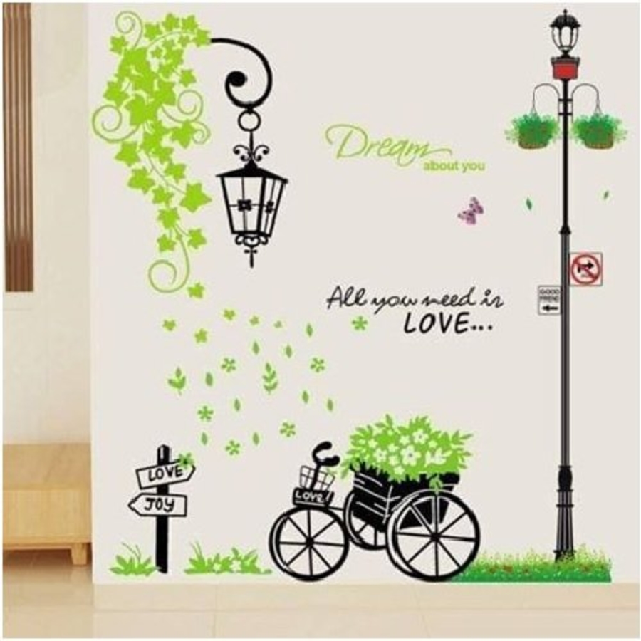 Decal dán tường combo cây cột đèn 1 chùm đèn lá xanh xe đạp xanh