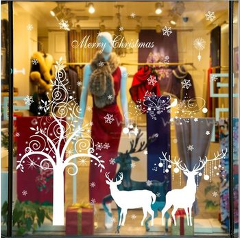 Decal trang trí noel cây thông noel và tuần lộc (nền trắng đục)