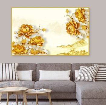 Tranh Treo Tường 3D Hoa Mẫu Đơn Vàng Và Phong Cảnh (HG)