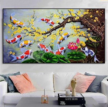 Tranh Cửu Ngư Quần Hội 3D Mai Vàng Bên Ao Sen 1
