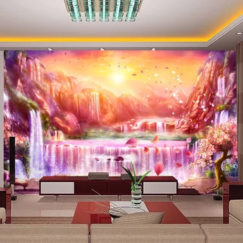 Tranh dán tường 3D thác nước và hoàng hôn