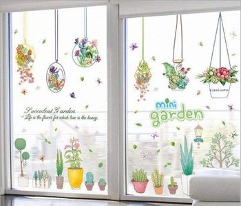 Decal dán tường giỏ hoa treo và chậu hoa mini garden