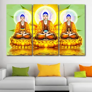 Tranh Tam thế Phật ngồi đài sen vàng 1
