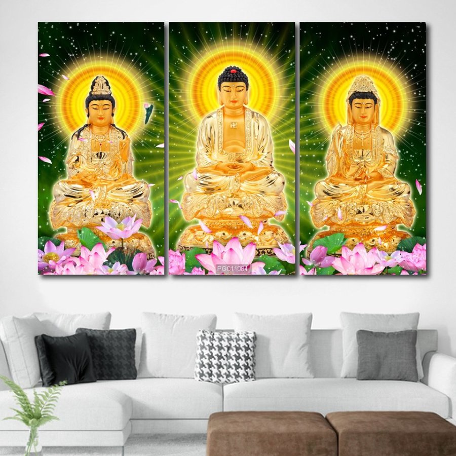 Tranh Tam Thế Phật Ngồi Trên Tòa Sen