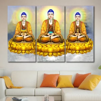 Tranh Tam thế Phật ngồi tòa sen vàng