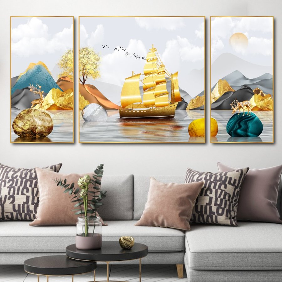 Tranh treo tường nai và thuyền vàng