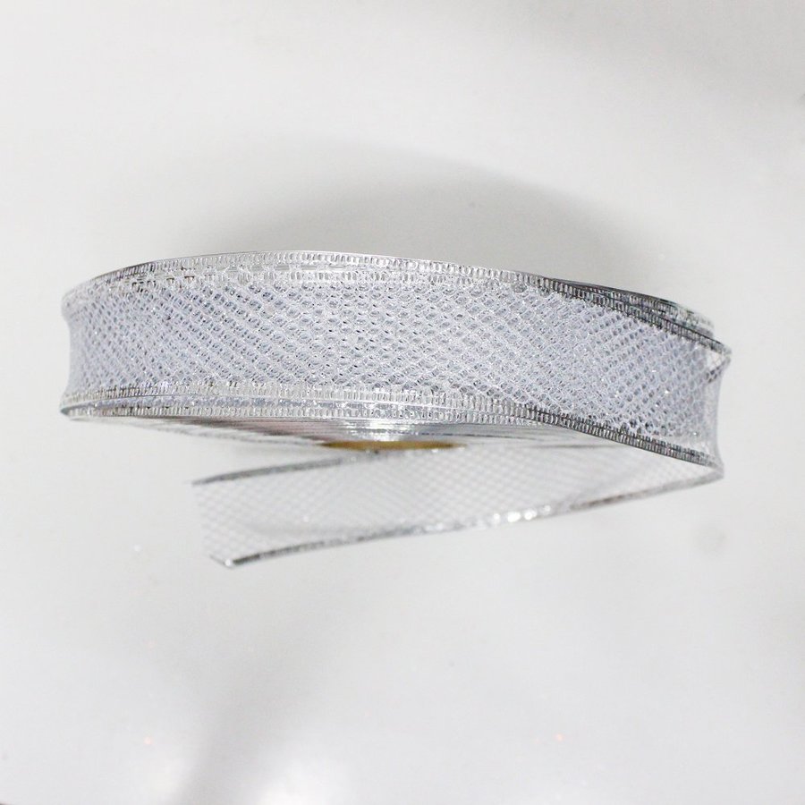 Cuộn ruy băng không họa tiết lưới bạc 10m
