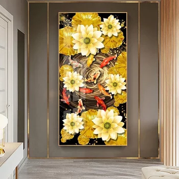 Gemälde von neun Fischen, die unter Lotusblumen versammelt sind