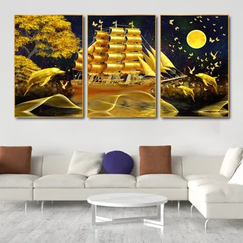 Tranh treo tường thuyền vàng giữa biển đêm