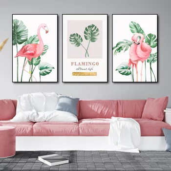Wandmalereien mit Flamingos und grünen Blättern 3