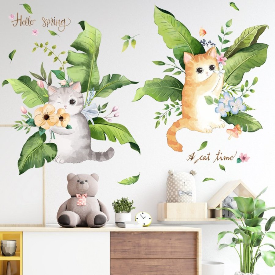 Decal dán tường mèo và bụi hoa