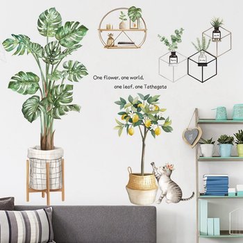 Decal dán tường mèo và chậu cây xanh