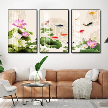Tranh cửu ngư quần hội bên ao sen nghệ thuật