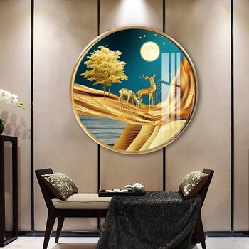 Spiegelrundes Gemälde Goldener Hirsch unter dem Mond